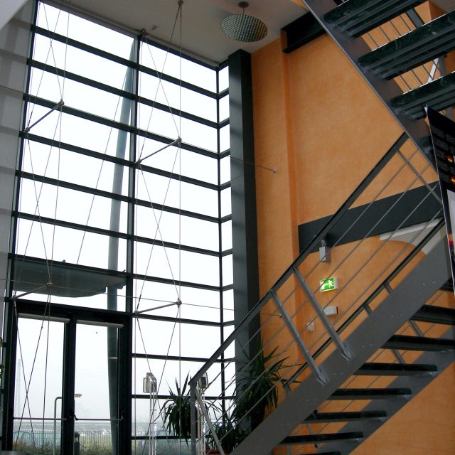 facciata strutturale, funi tese, inox, giunti acciaio